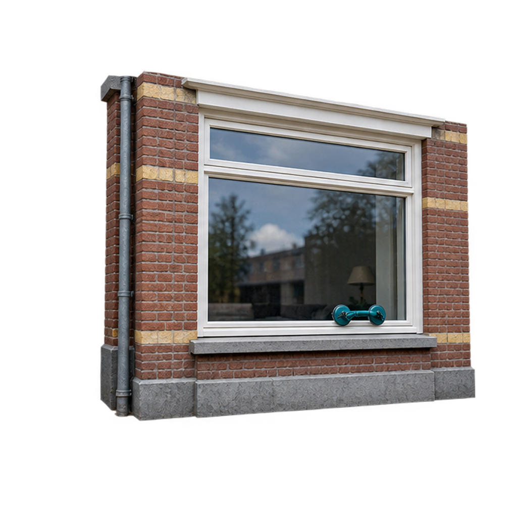 Maquette van een bakstenen jaren-dertiggevel met een wit kozijn waarin net een nieuwe onderruit staat, met de zuignap er nog op