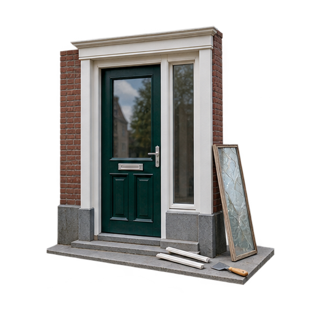 Maquette van een groene voordeur met zijlicht, de gebarsten oude ruit staat tegen de plint en de nieuwe zit al in de opening