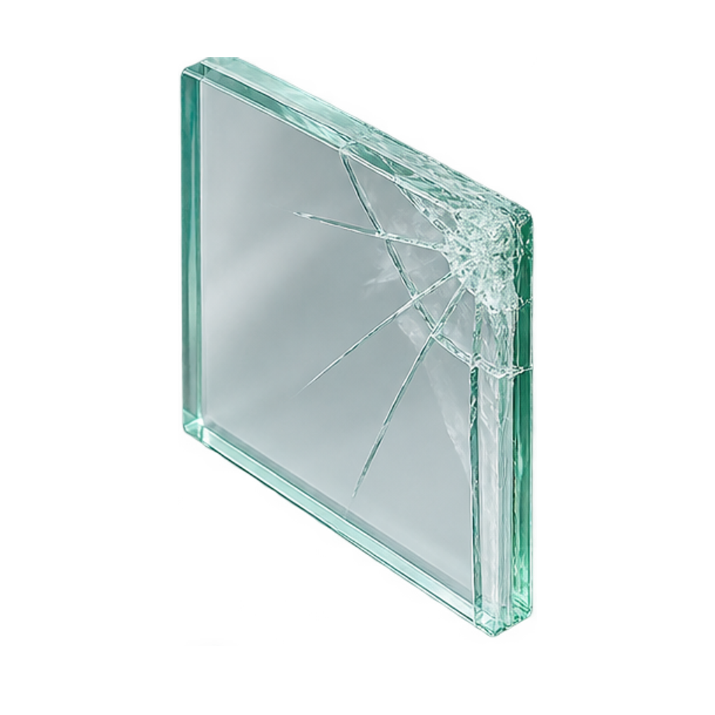 Doorsnede van gelaagd veiligheidsglas met een barst in de hoek, de scherven blijven aan de folie hangen