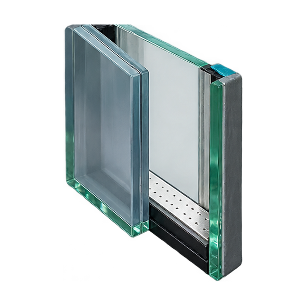 Doorsnede van geluidwerend glas met een gelaagde ruit aan de ene kant en een dikkere ruit aan de andere