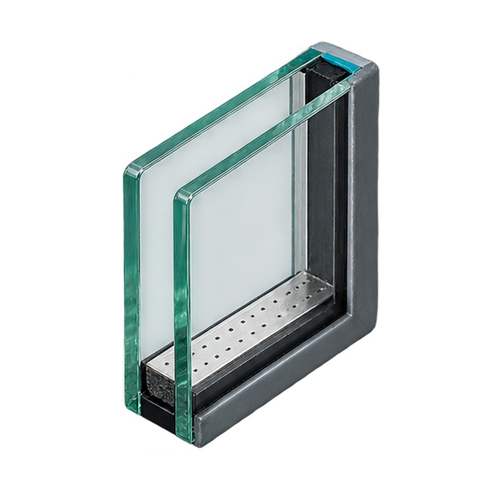 Doorsnede van HR++ dubbel glas met twee ruiten, een spouw en een aluminium afstandhouder