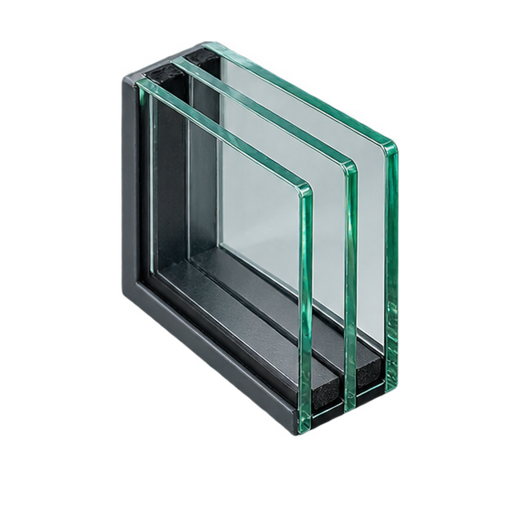 Doorsnede van triple glas met drie ruiten, twee spouwen en zwarte afstandhouders