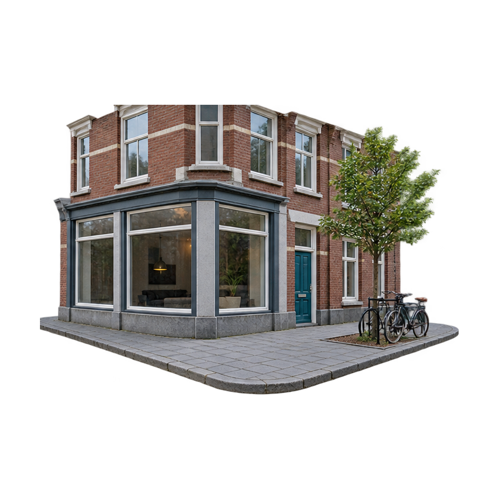 Maquette van een Rotterdamse straathoek met twee bakstenen huizen, een hoekwinkel, een jonge plataan en een fietsenrek
