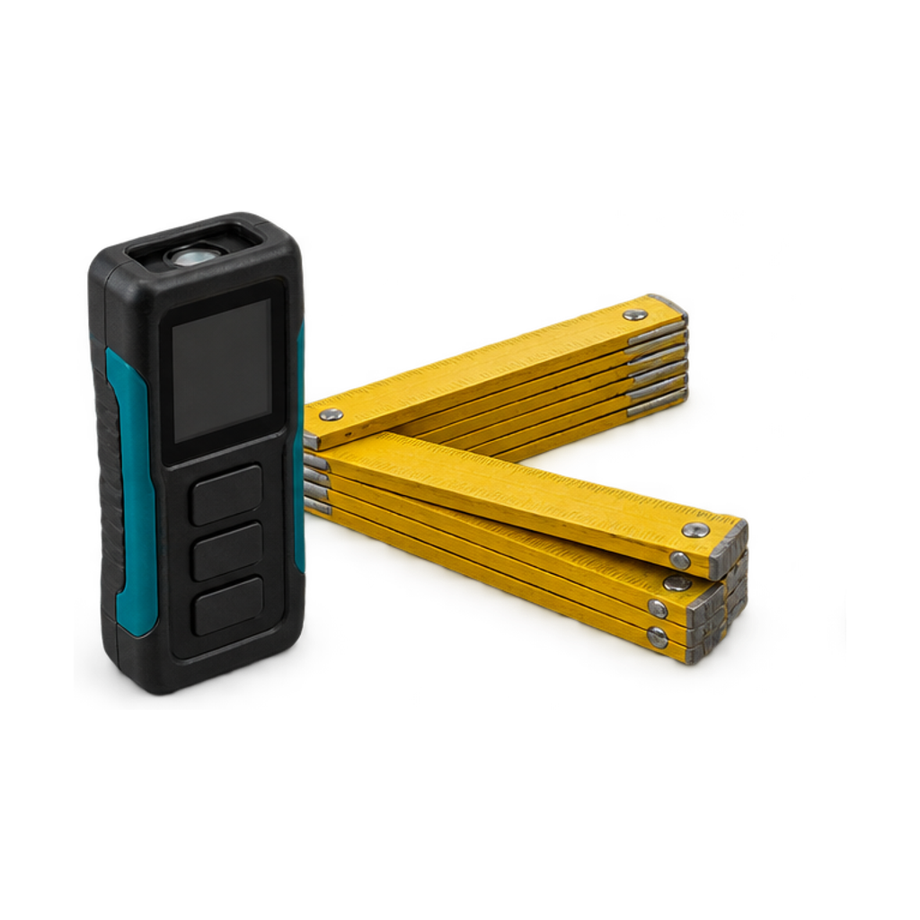 Laserafstandsmeter met een rubberen greep naast een half uitgeklapte duimstok