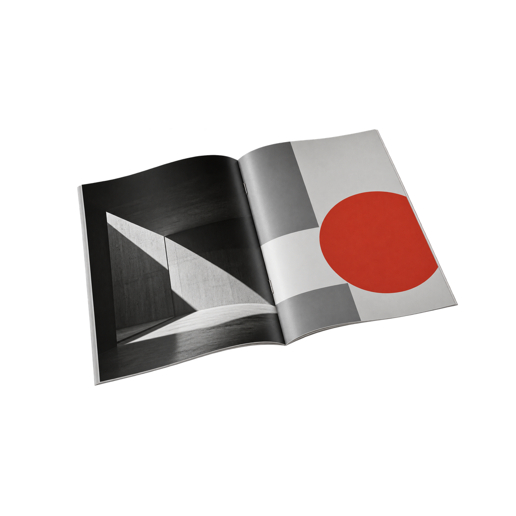 Opengeslagen geniet tijdschrift met links een groot zwart-wit beeld van een schaduw en rechts grijze kolommen met één grote rode cirkel