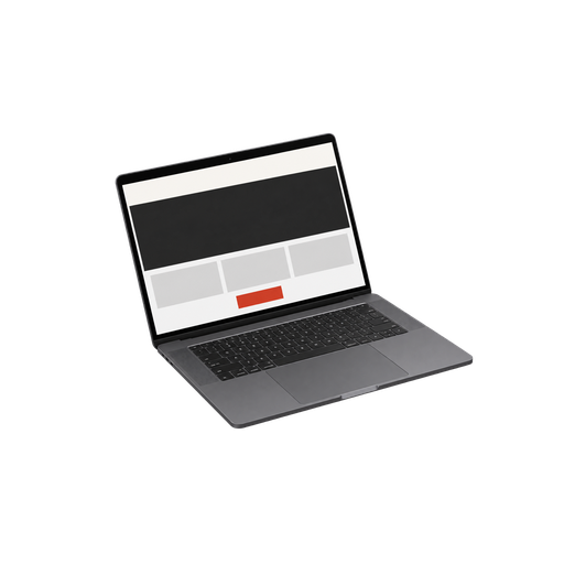 Opengeklapte laptop met een website-opmaak van een lichte kopband, een groot zwart beeldvlak en een rode knop