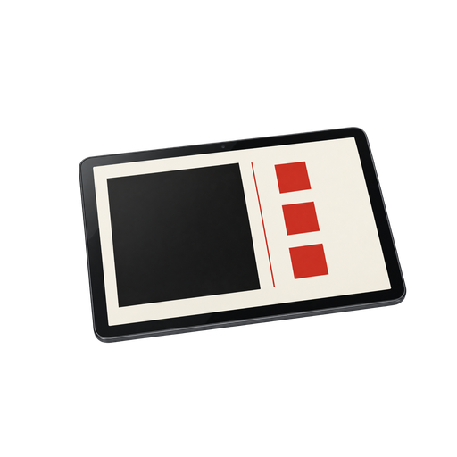 Liggende tablet met een dia: een groot zwart blok links, een dunne rode lijn en drie rode vierkantjes rechts