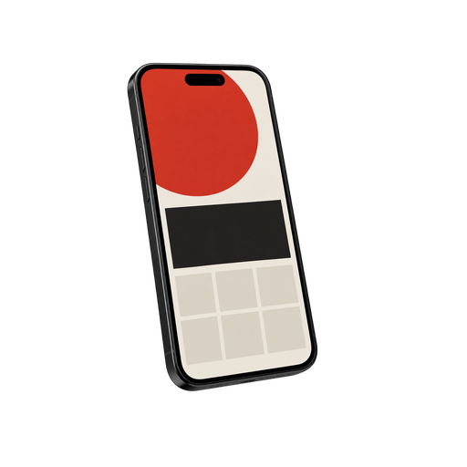 Smartphone met een staande story-opmaak van een rode cirkel, een zwart blok en een raster van kleine vierkantjes