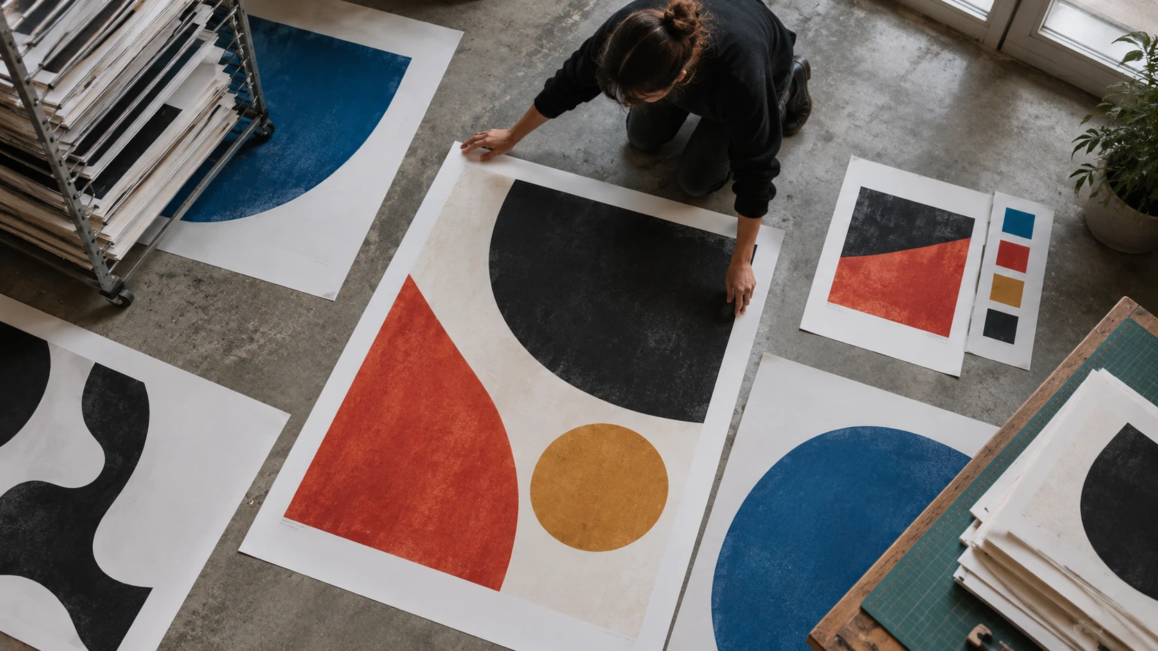 Ontwerper rangschikt kleurrijke drukproeven en typografische schetsen op een werktafel