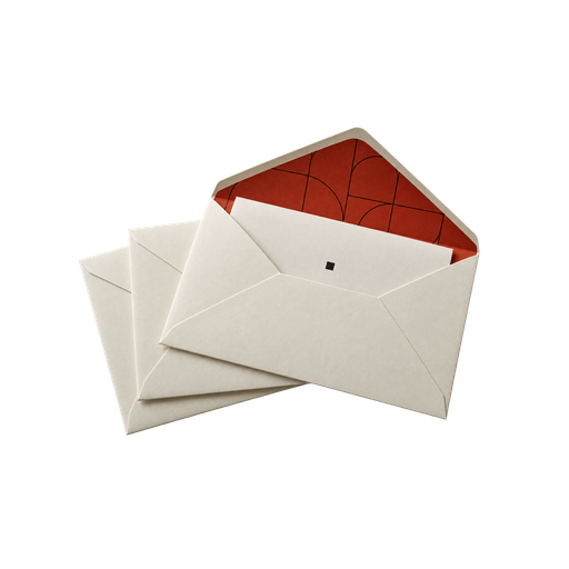 Drie gebroken witte enveloppen van gevergeerd papier, de bovenste open met een rode voering en een half uitgetrokken brief