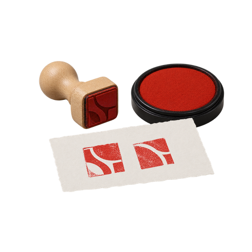 Houten handstempel met een rood rubberen beeldmerk, een stempelkussen met rode inkt en een vel met twee afdrukken