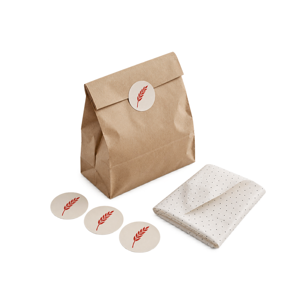 Broodzak van ongebleekt kraftpapier, dichtgevouwen met een ronde sticker met een rood korrelteken, met losse stickers en bedrukt vloeipapier ernaast