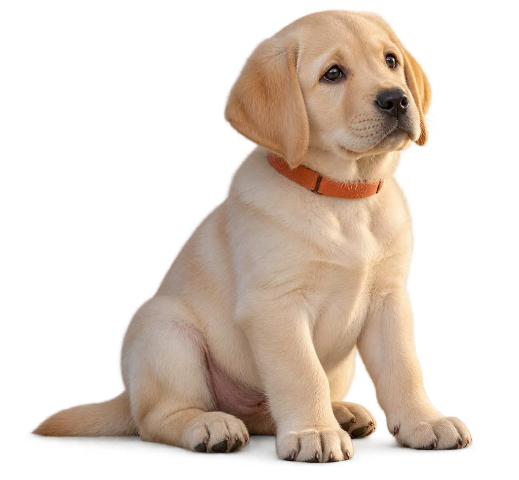Labradorpup zit aandachtig
