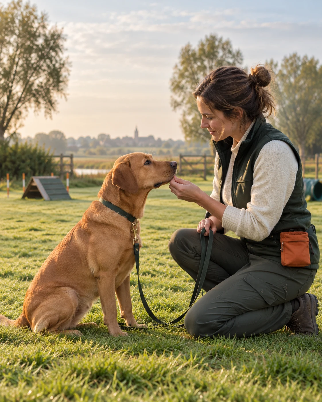 Hond en begeleider oefenen samen op een groen veld