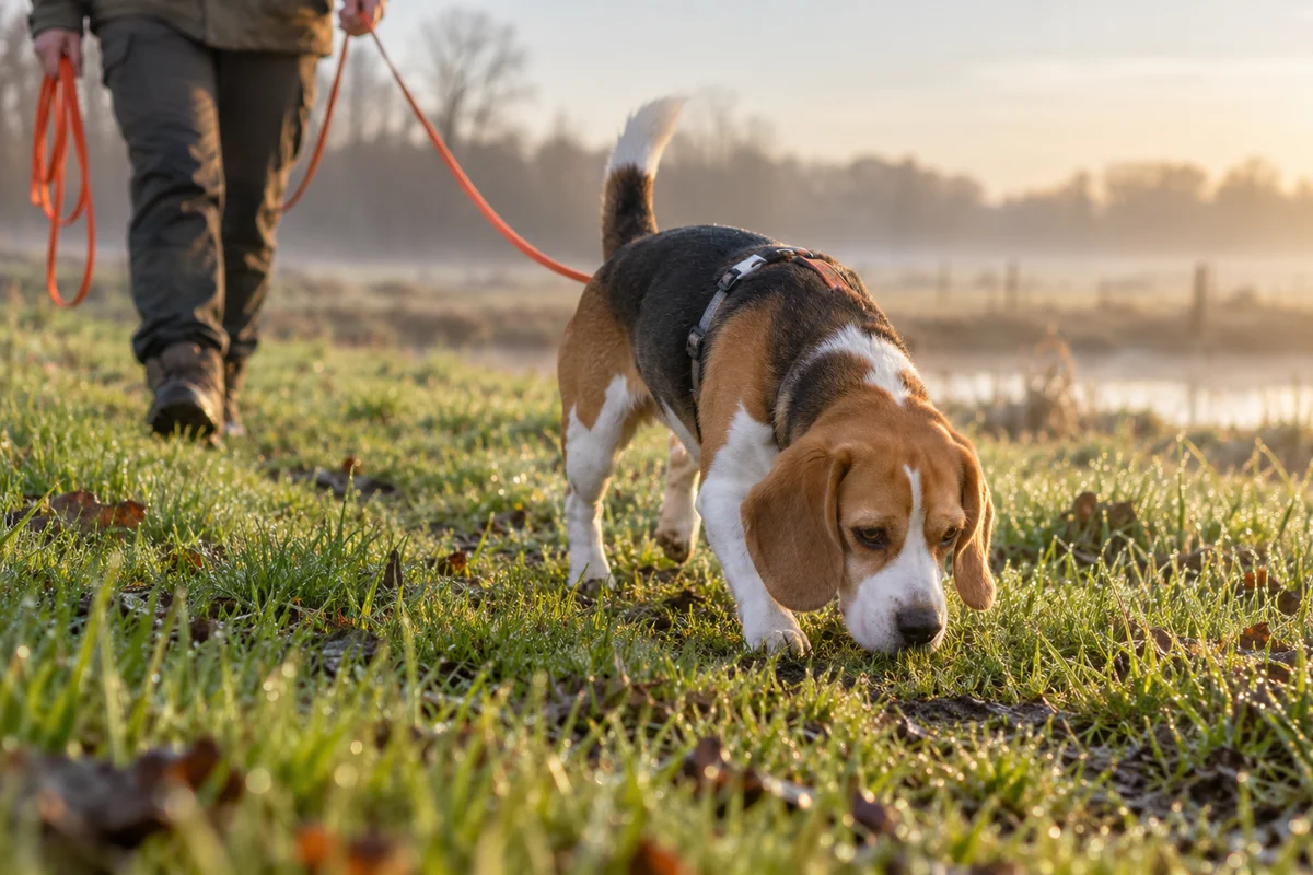 Beagle volgt een geurspoor