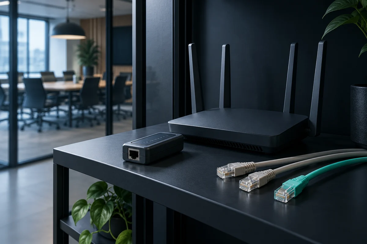 Router en netwerkkabels op een kantoorplank