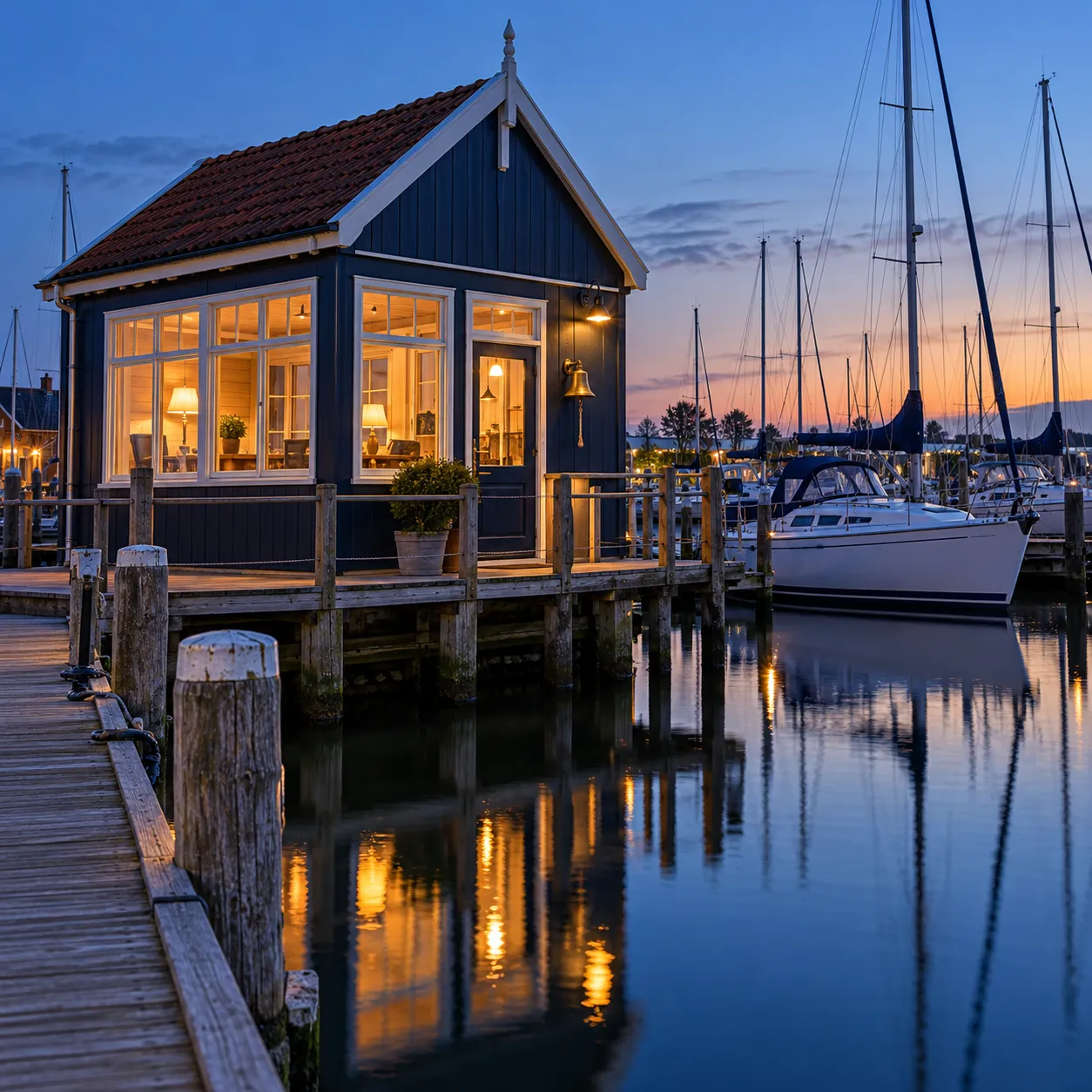 Donkerblauw houten havenkantoor op korte palen aan het water bij schemer, met warm verlichte ramen