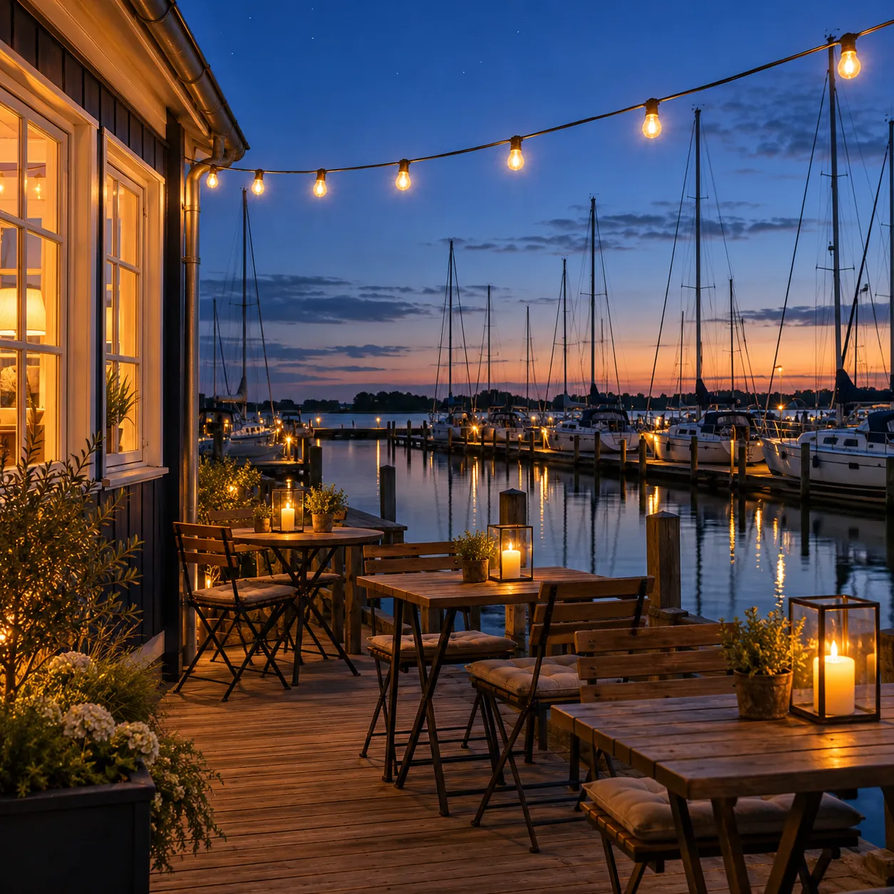 Klein houten terras met lantaarns naast het havenkantoor, boten in hun box en de eerste sterren