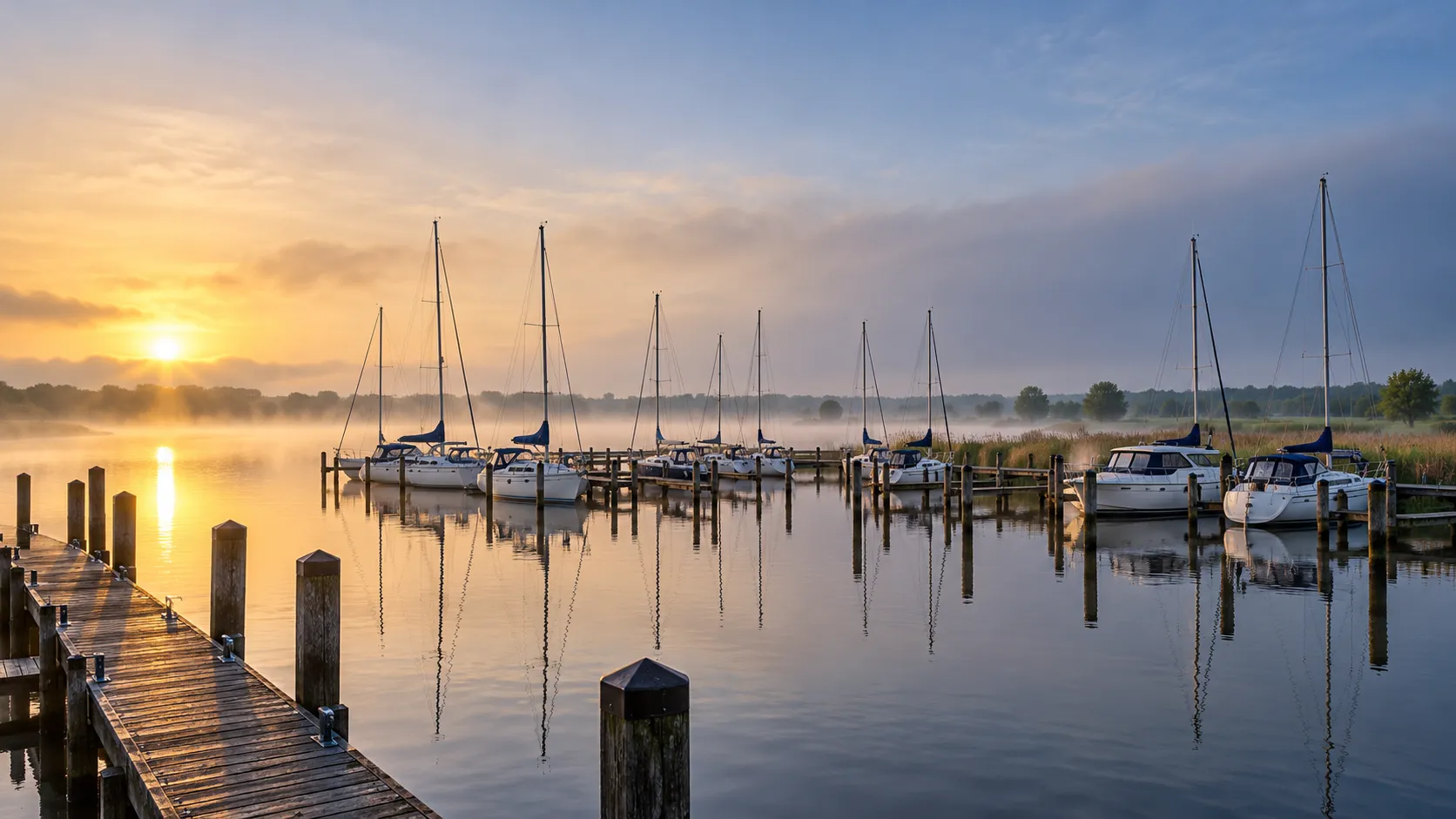 De jachthaven bij zonsopkomst, met zeilboten in hun box en nevel over het meer