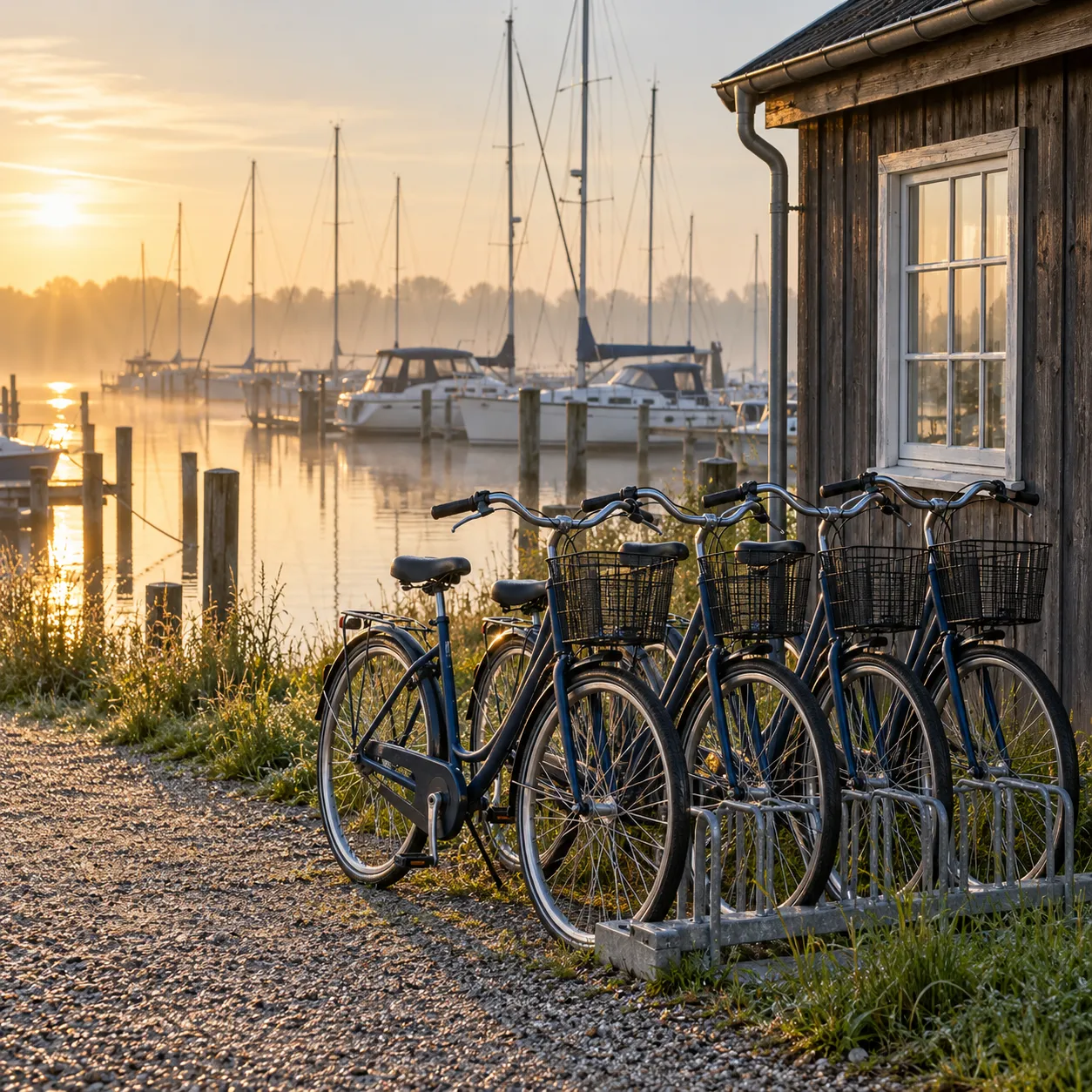 Huurfietsen in het rek bij het havenkantoor