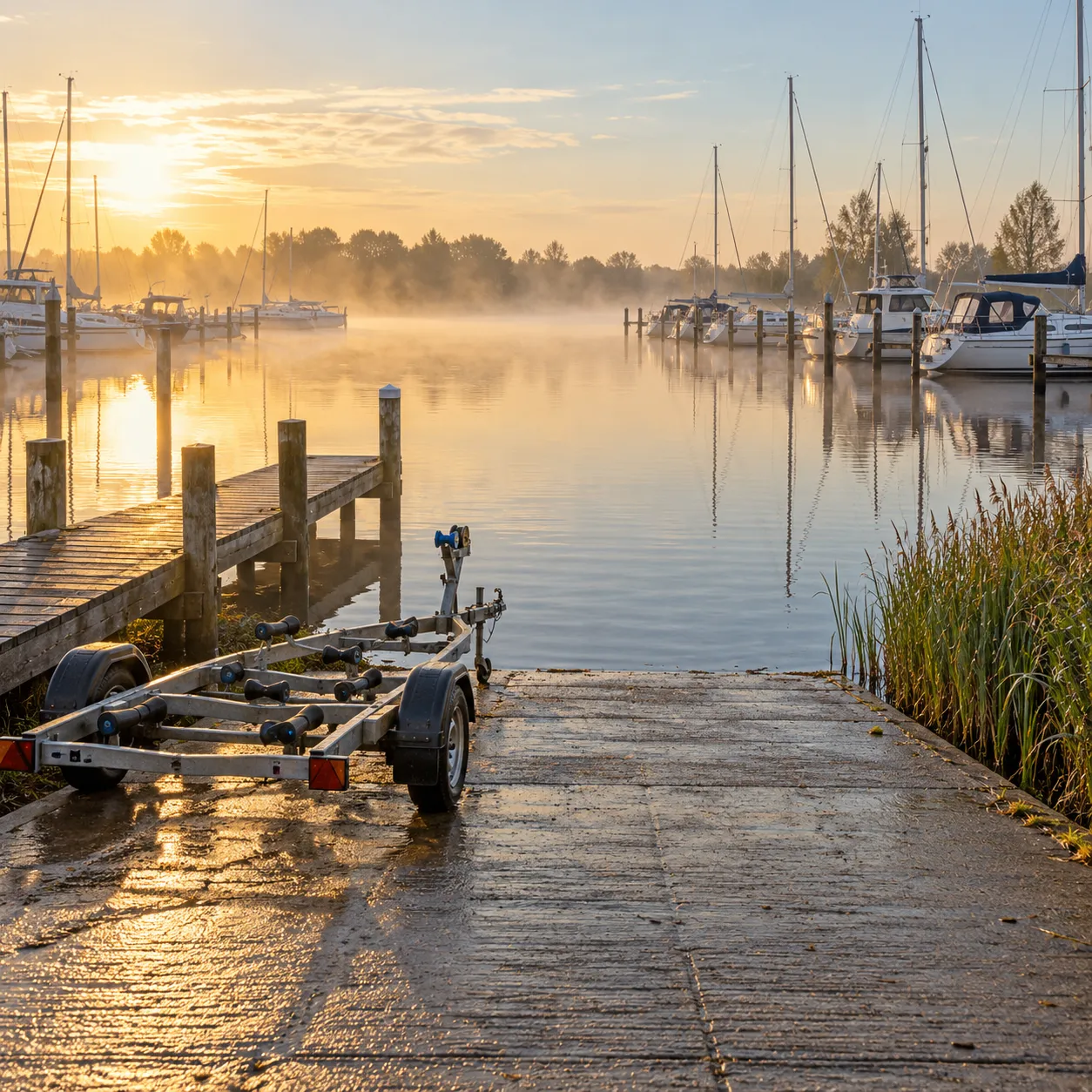 Trailerhelling die het water in loopt