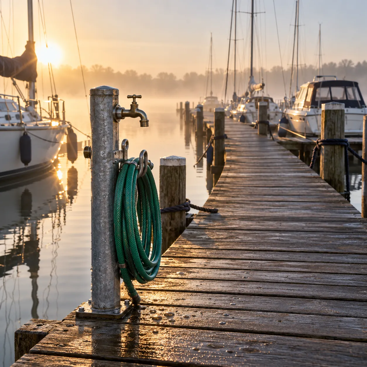Waterpunt met opgerolde slang aan het begin van een steiger