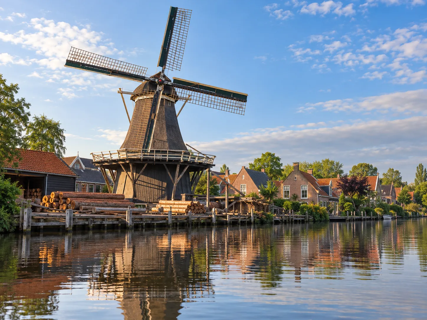 Grote houten zaagmolen met stelling aan het water, met stapels boomstammen op de oever