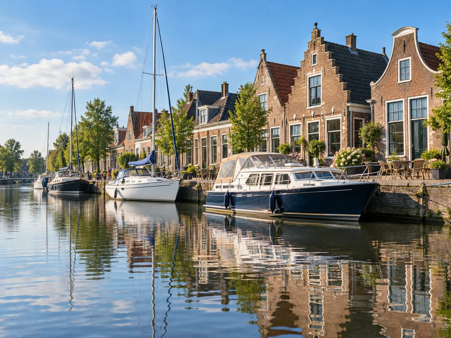 Dorpskade met oude bakstenen huizen, een paar caféstoelen en afgemeerde boten in stil water