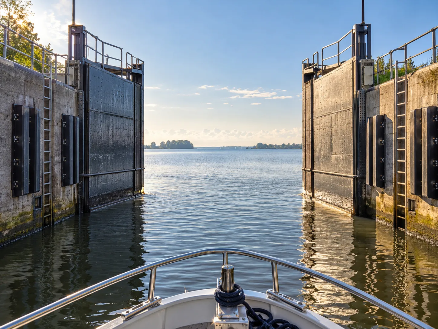 Natte stalen sluisdeuren die opengaan naar een groot, kalm meer met een vlakke horizon