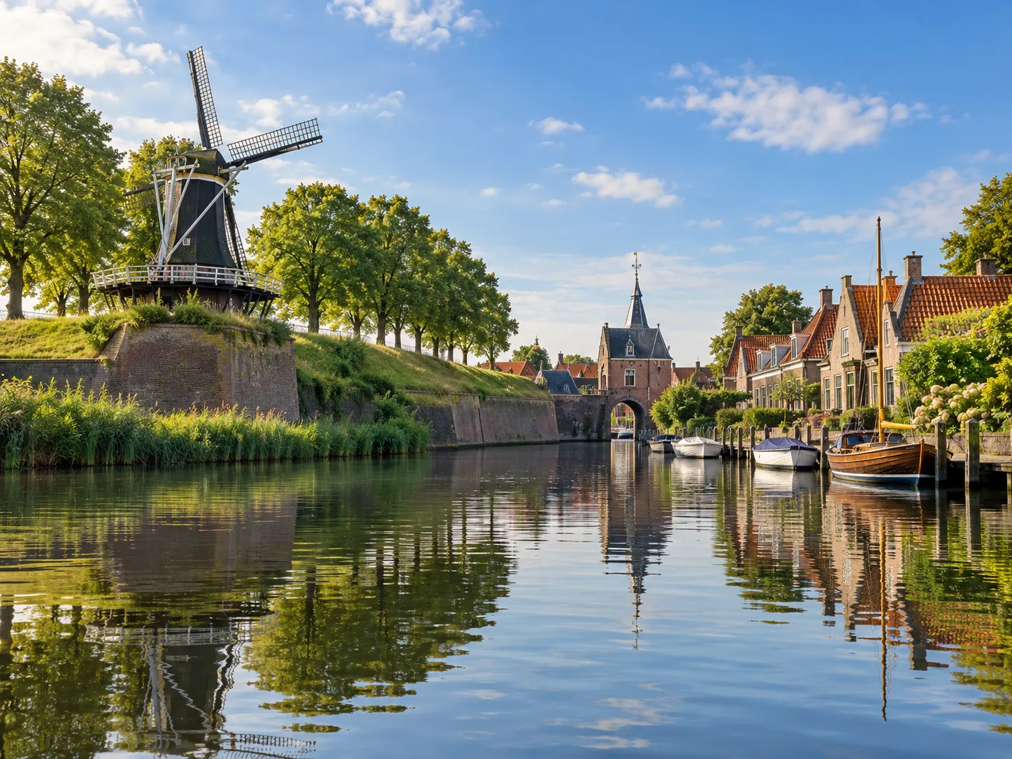 Smalle gracht langs begroeide vestingwallen met lindebomen en een houten molen op de oude stadswal