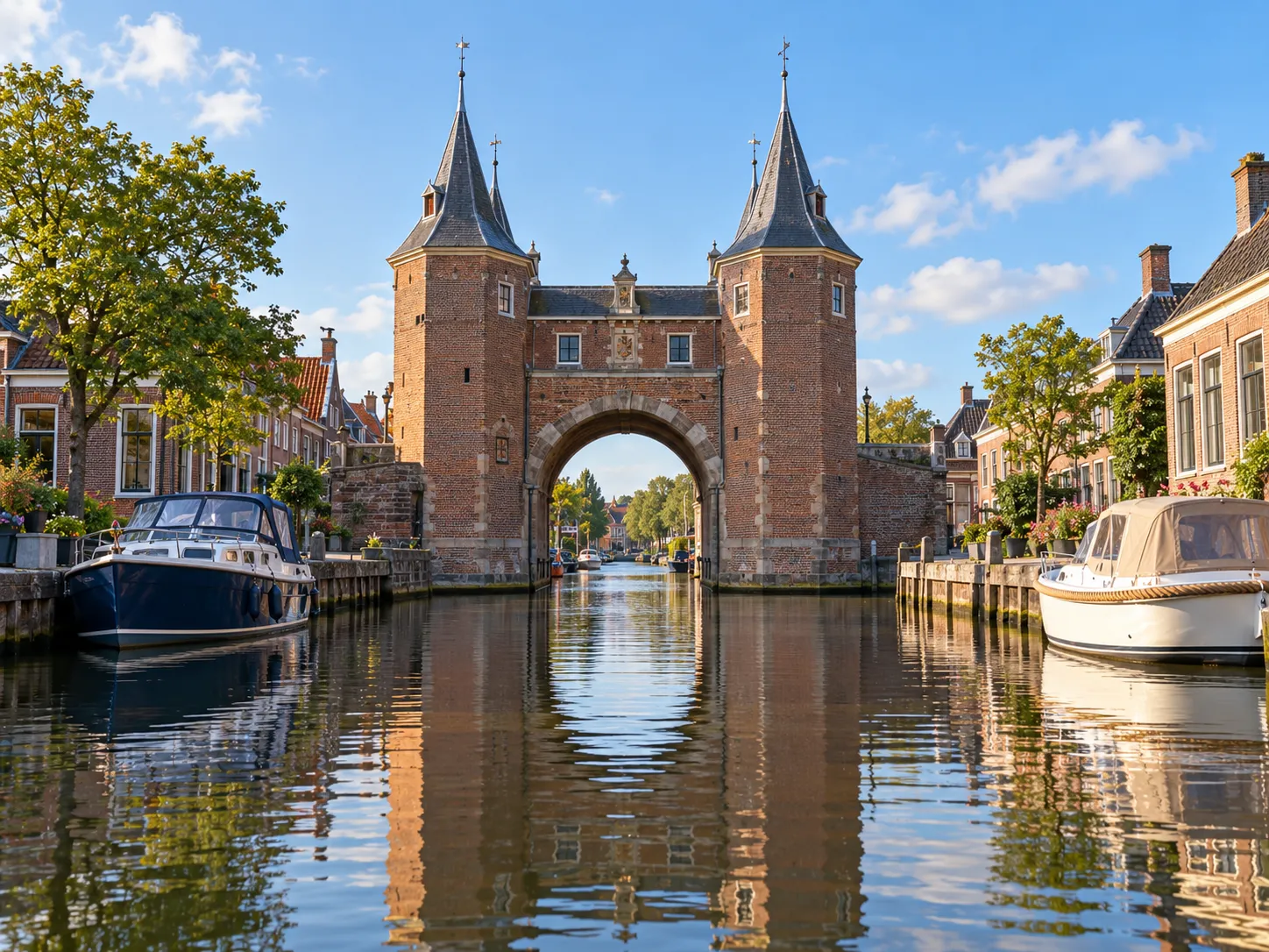 Rode bakstenen waterpoort met twee kleine torens en een boog over een stadsgracht