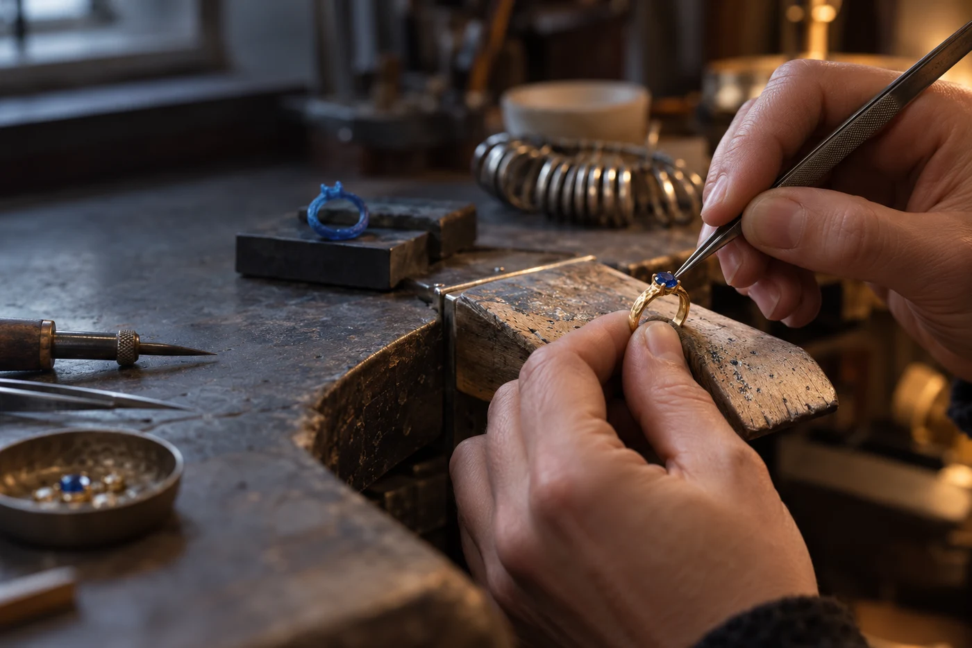 Goudsmid werkt aan een ring in het atelier
