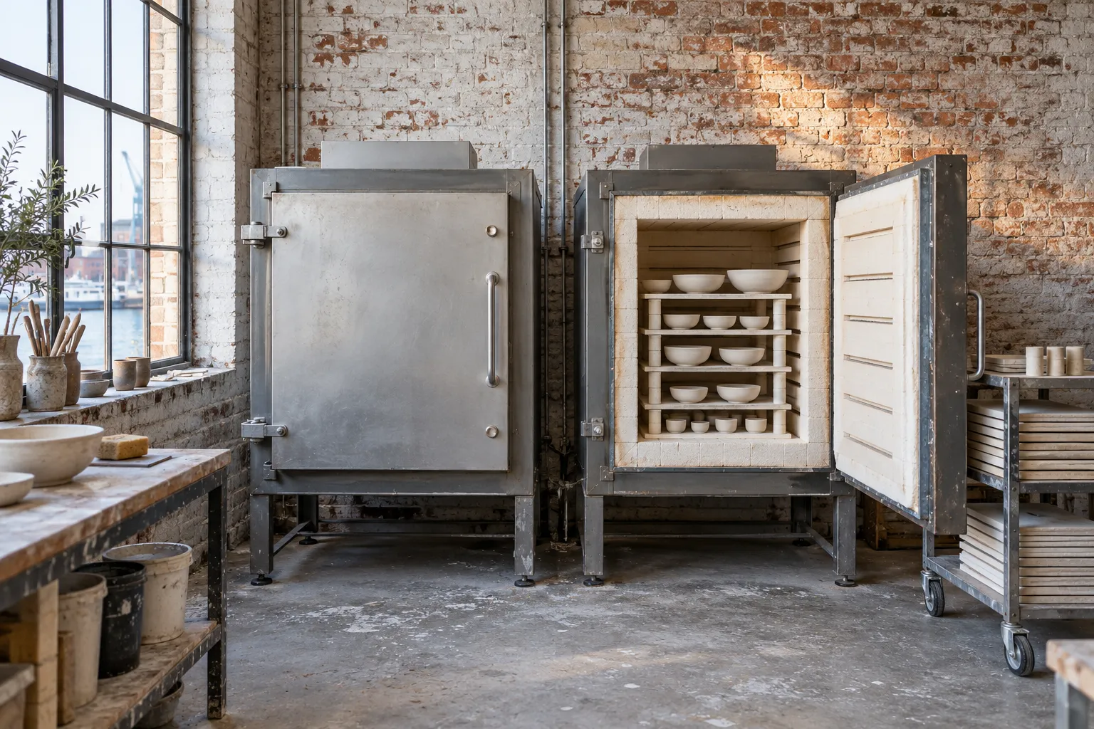 Twee ovens tegen een bakstenen muur, één open met gebakken kommen op de platen