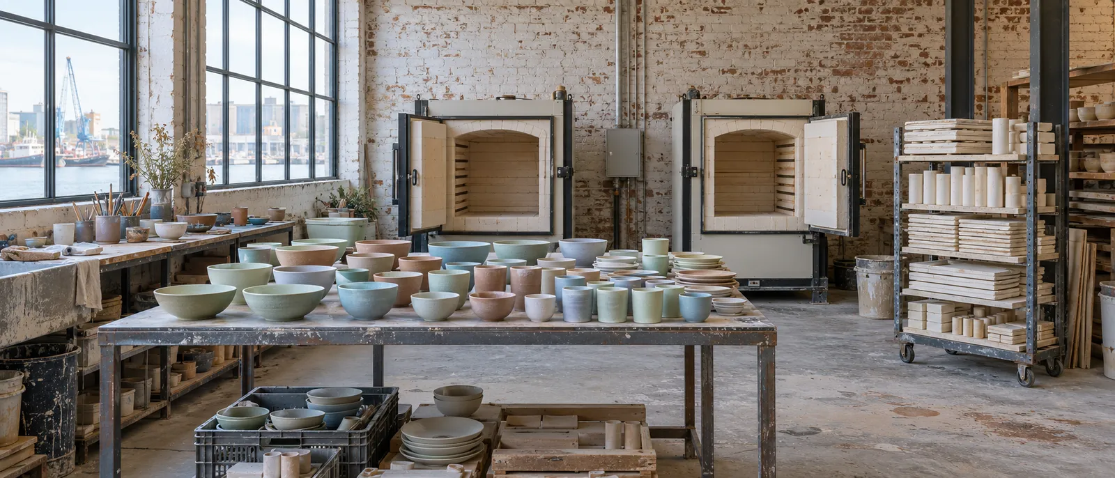 De ovenruimte met twee ovens en een lange tafel vol geglazuurde kommen en bekers die klaarstaan om gebakken te worden