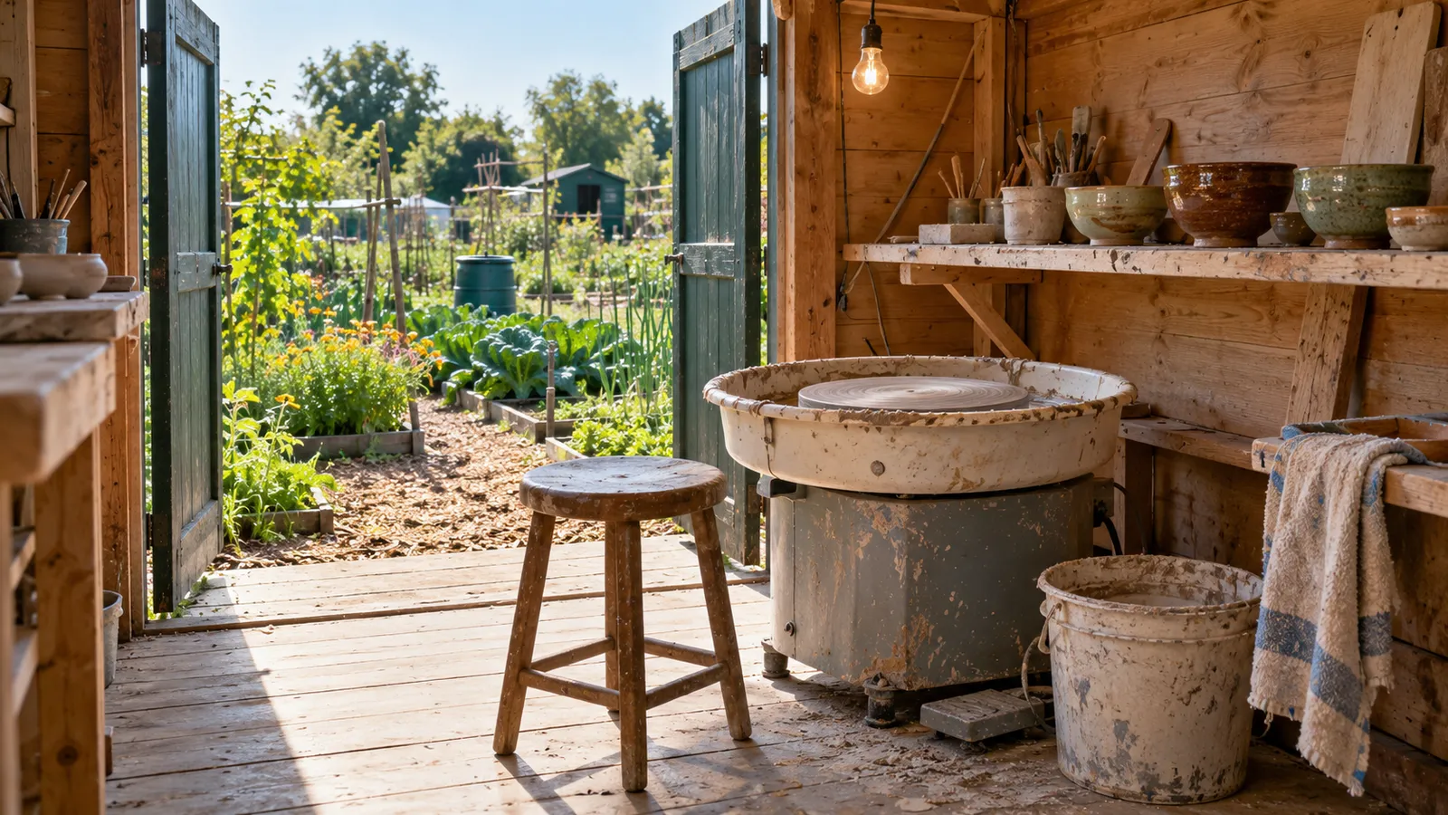 Een oude draaischijf in een houten tuinschuur met open deuren naar een moestuin, met de eerste kommen op een plank