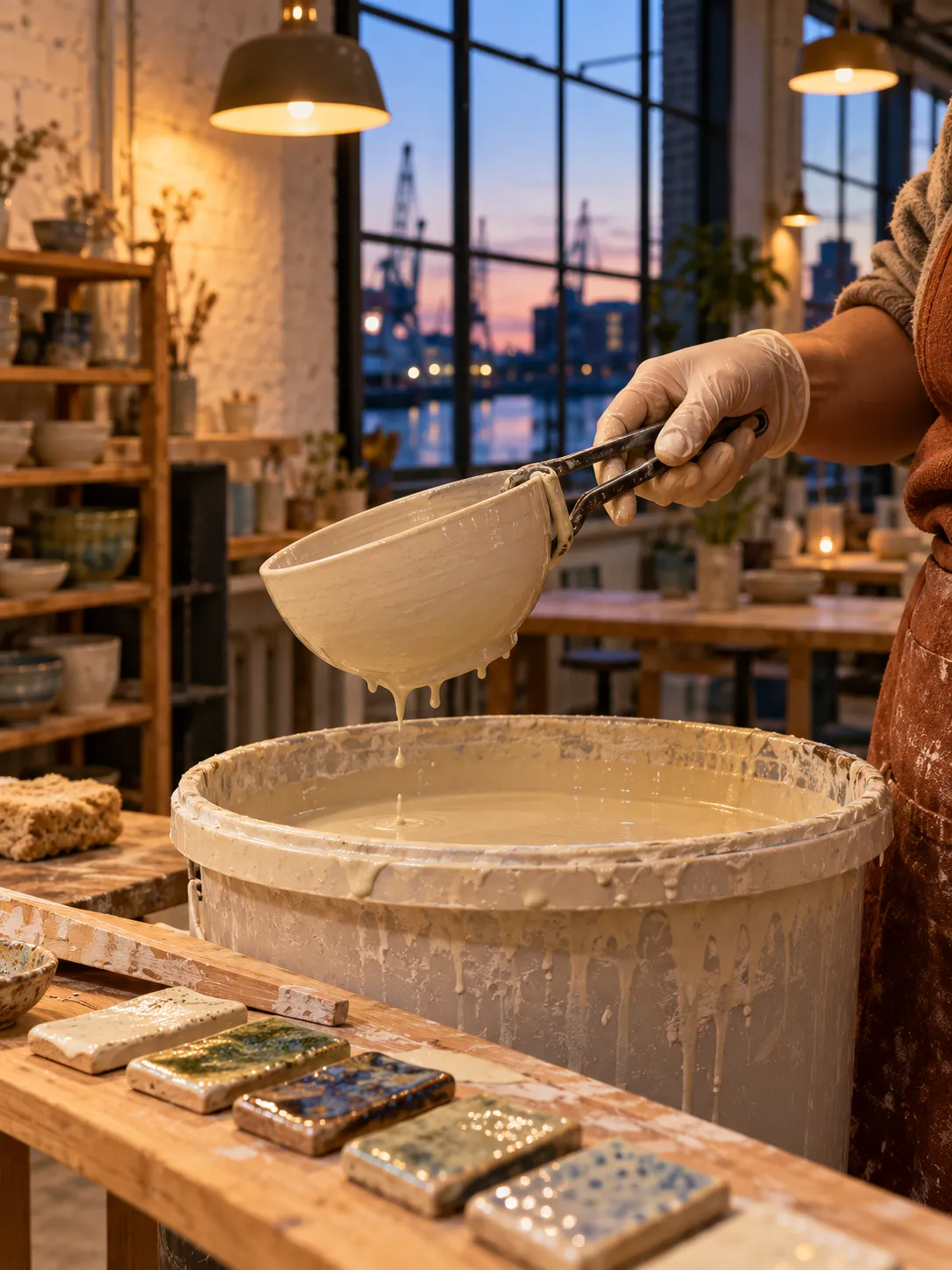 Een gebakken kom wordt met een tang in een emmer glazuur gedoopt