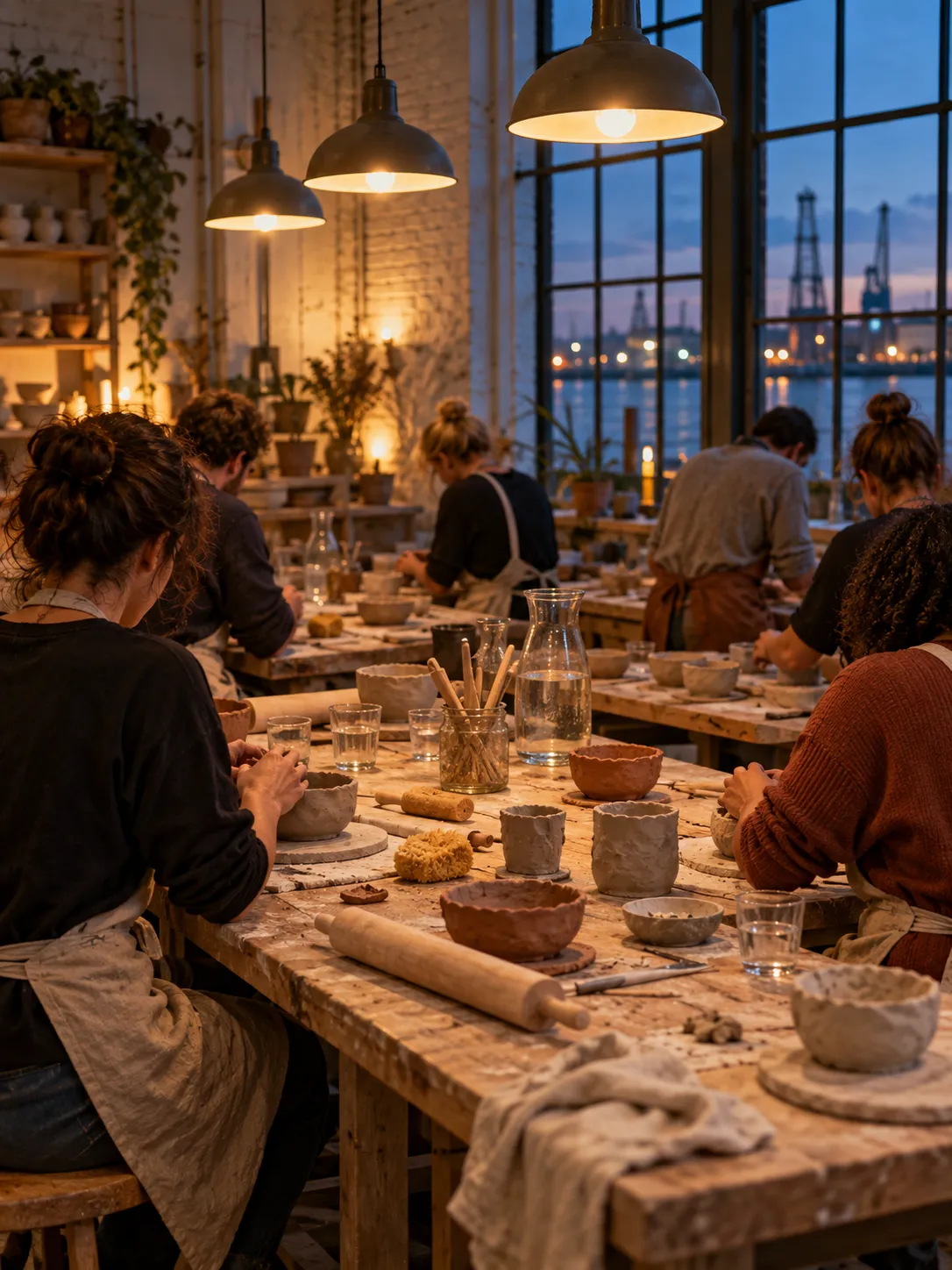 Een groep in linnen schorten aan de lange werktafel met eigen kommetjes