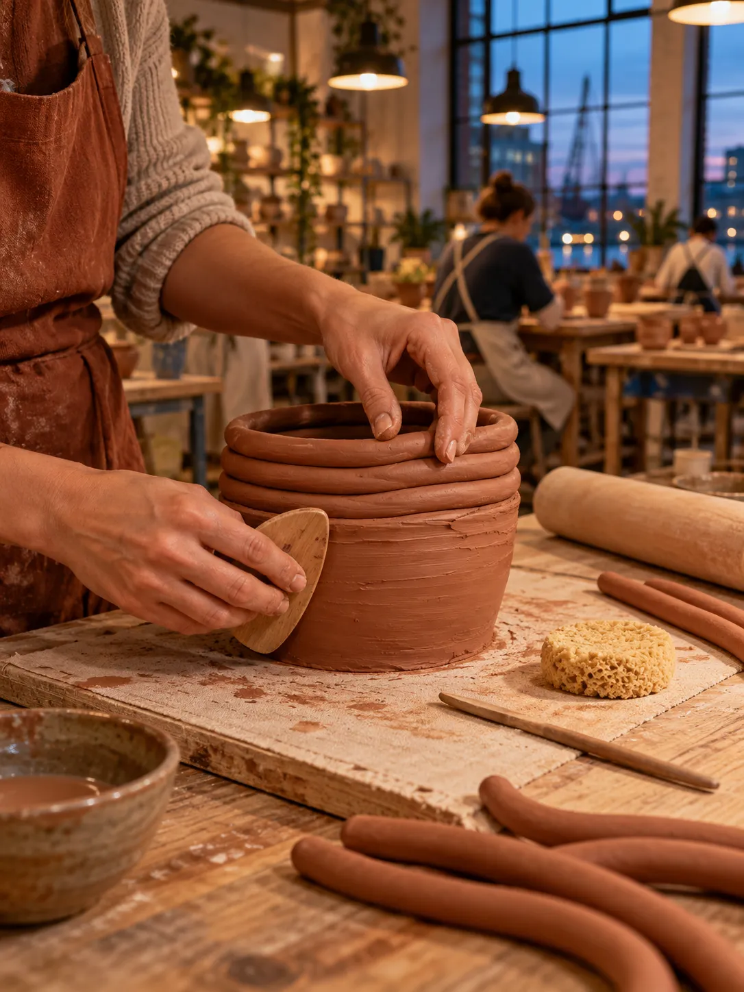 Twee handen bouwen een plantenpot uit rollen rode klei