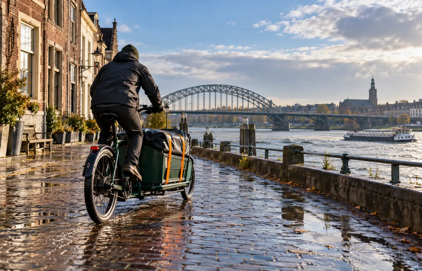 Fiets, bakfiets en bus in een routeplanning