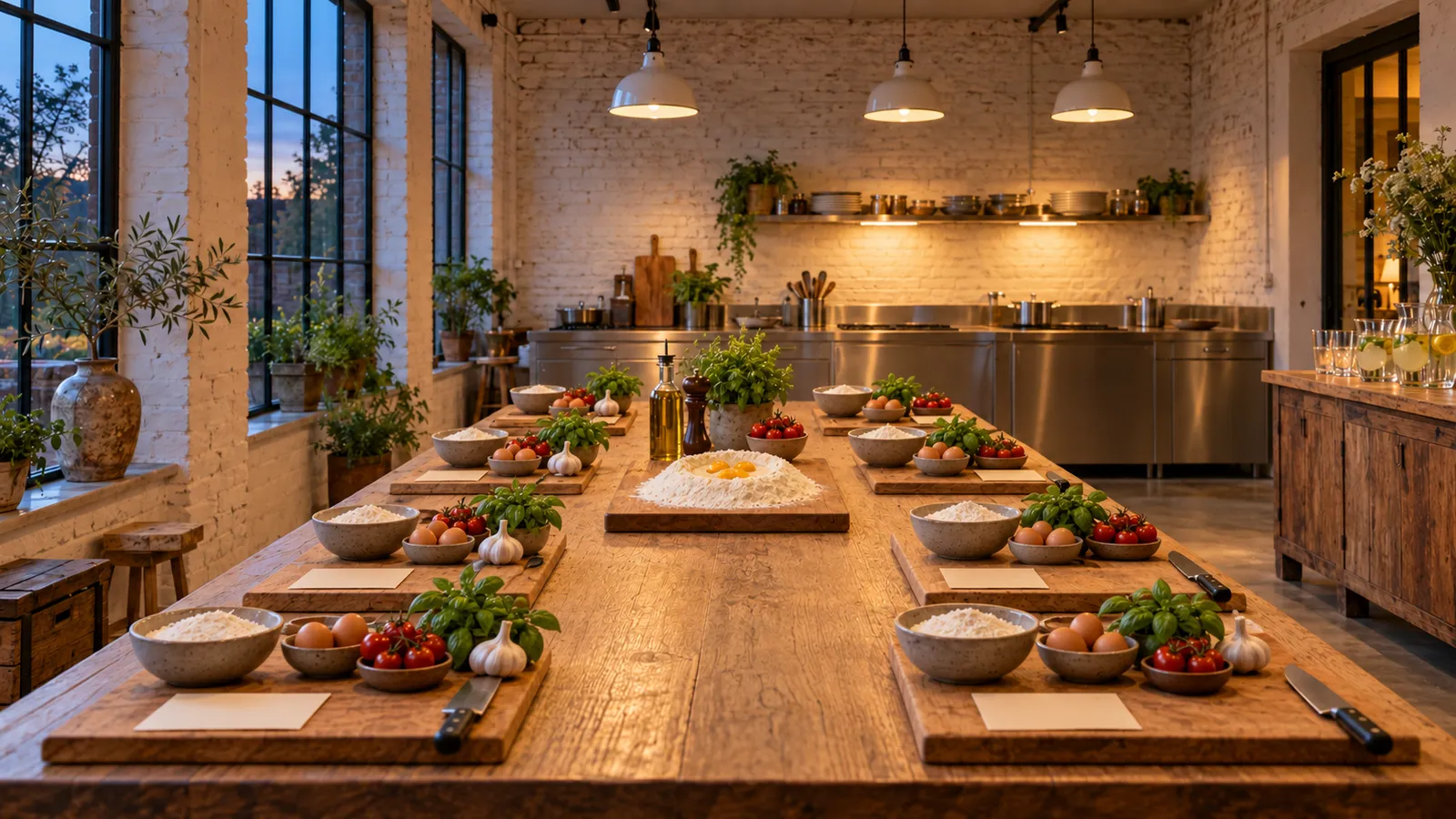 Dezelfde tafel om kwart voor zeven: de kommen zijn open, met bloem, eieren, tomaten, knoflook en basilicum op elke plek en een demonstratieplank aan het hoofd