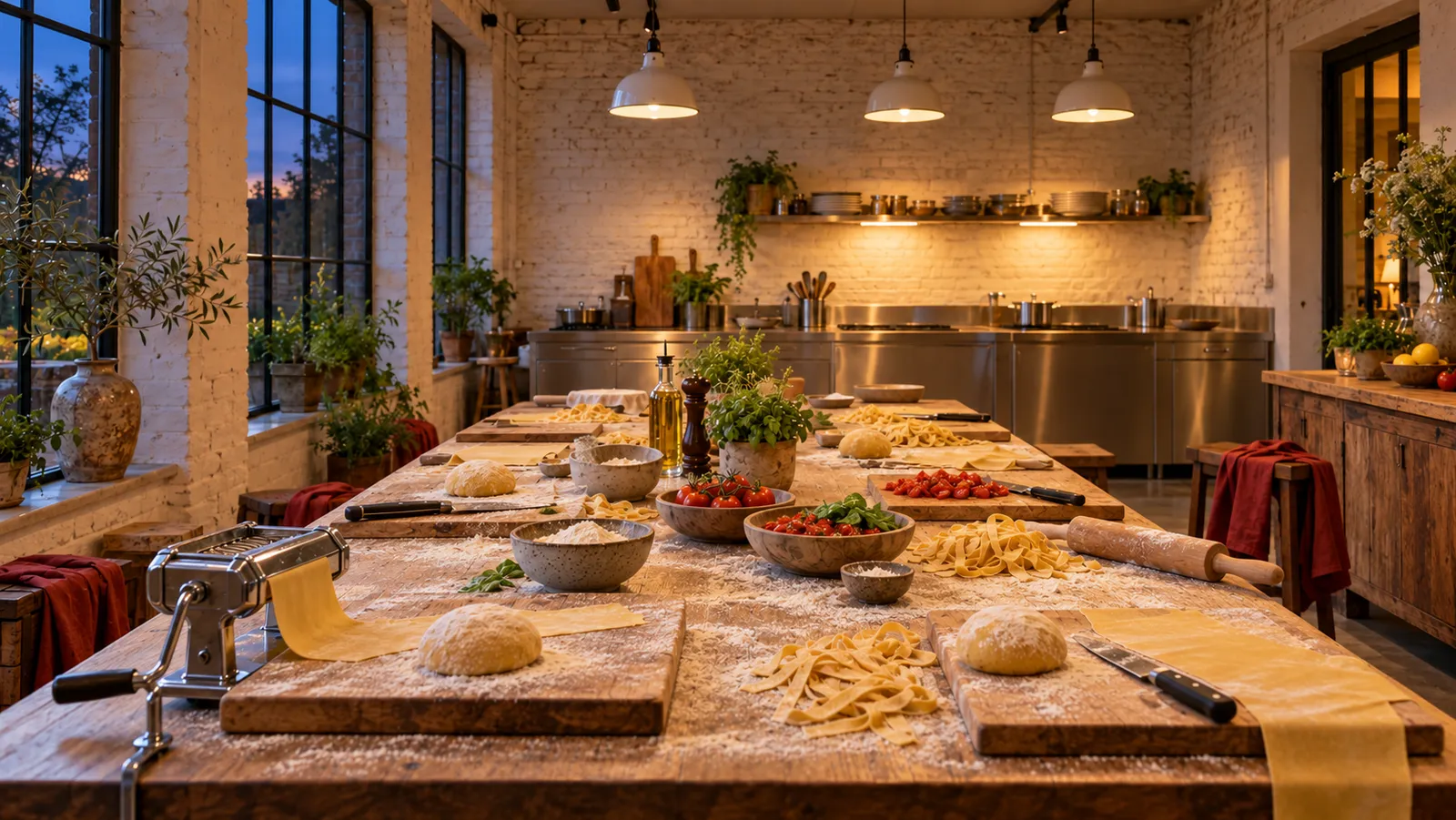 Dezelfde tafel om zeven uur: half gekneed pastadeeg, uitgerold deeg, gesneden tomaten en een pastamachine aan de tafelrand