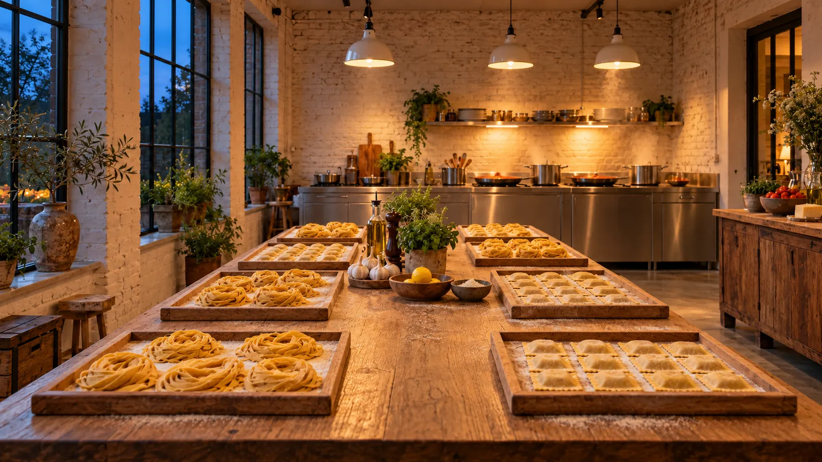 Dezelfde tafel om acht uur: houten plateaus met verse tagliatelle en ravioli, achterin dampen pannen op de kookplaten