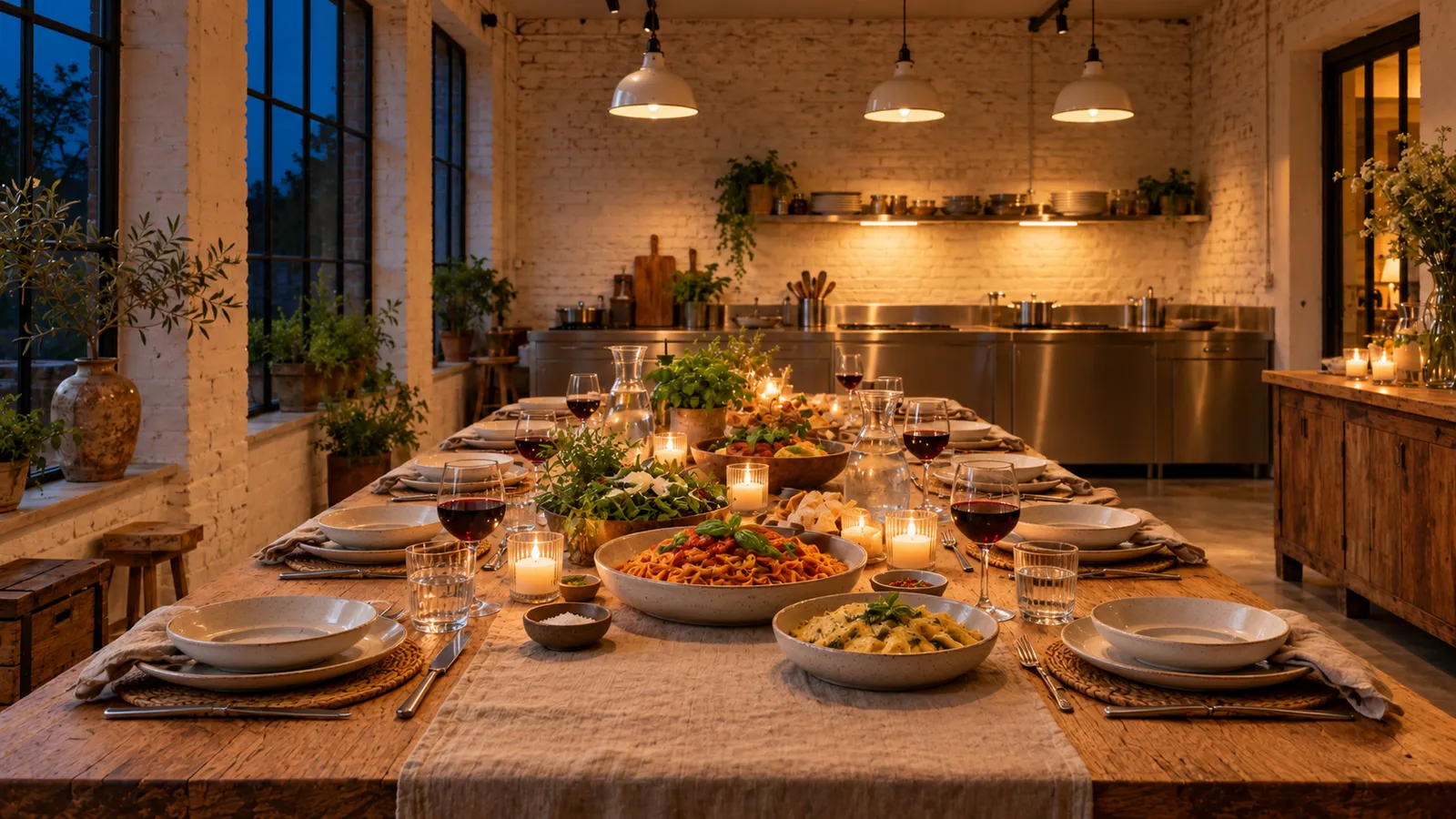 Dezelfde tafel om kwart voor negen, gedekt als eettafel met schalen pasta, salade, brood, kaarsen en borden voor twaalf