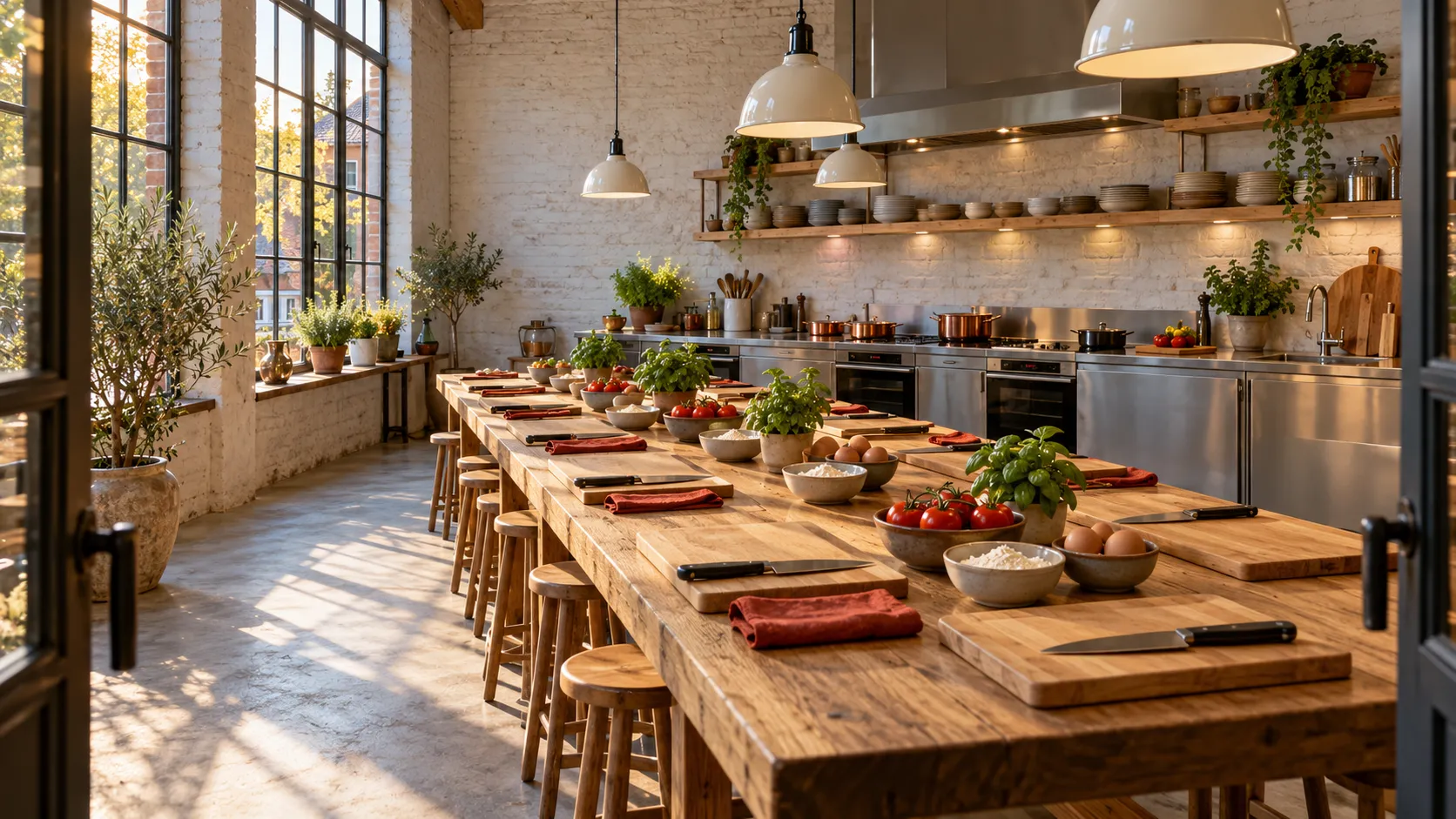 De werkplaats in een oude bakkerij: één lange eikenhouten tafel met snijplanken, tomaten, basilicum en rode theedoeken