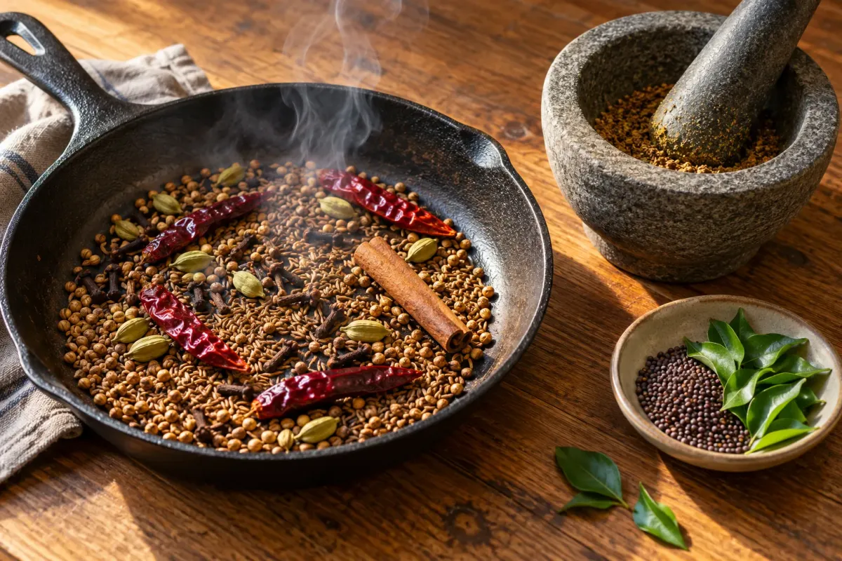 Hele specerijen in een gietijzeren pan naast een stenen vijzel