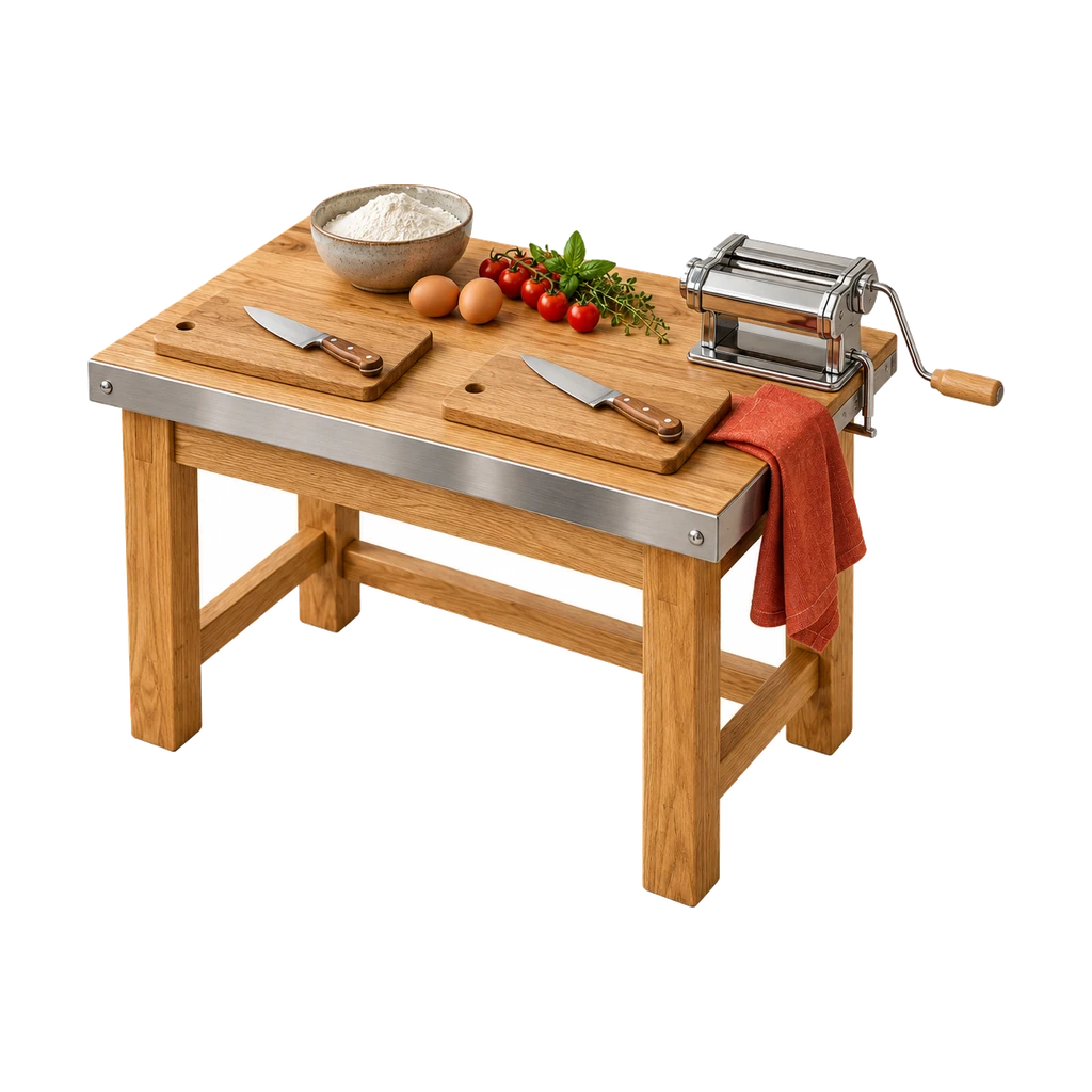 Maquette van één werkplek voor twee: een eiken werkbank met twee snijplanken, bloem, eieren, tomaten en een pastamachine