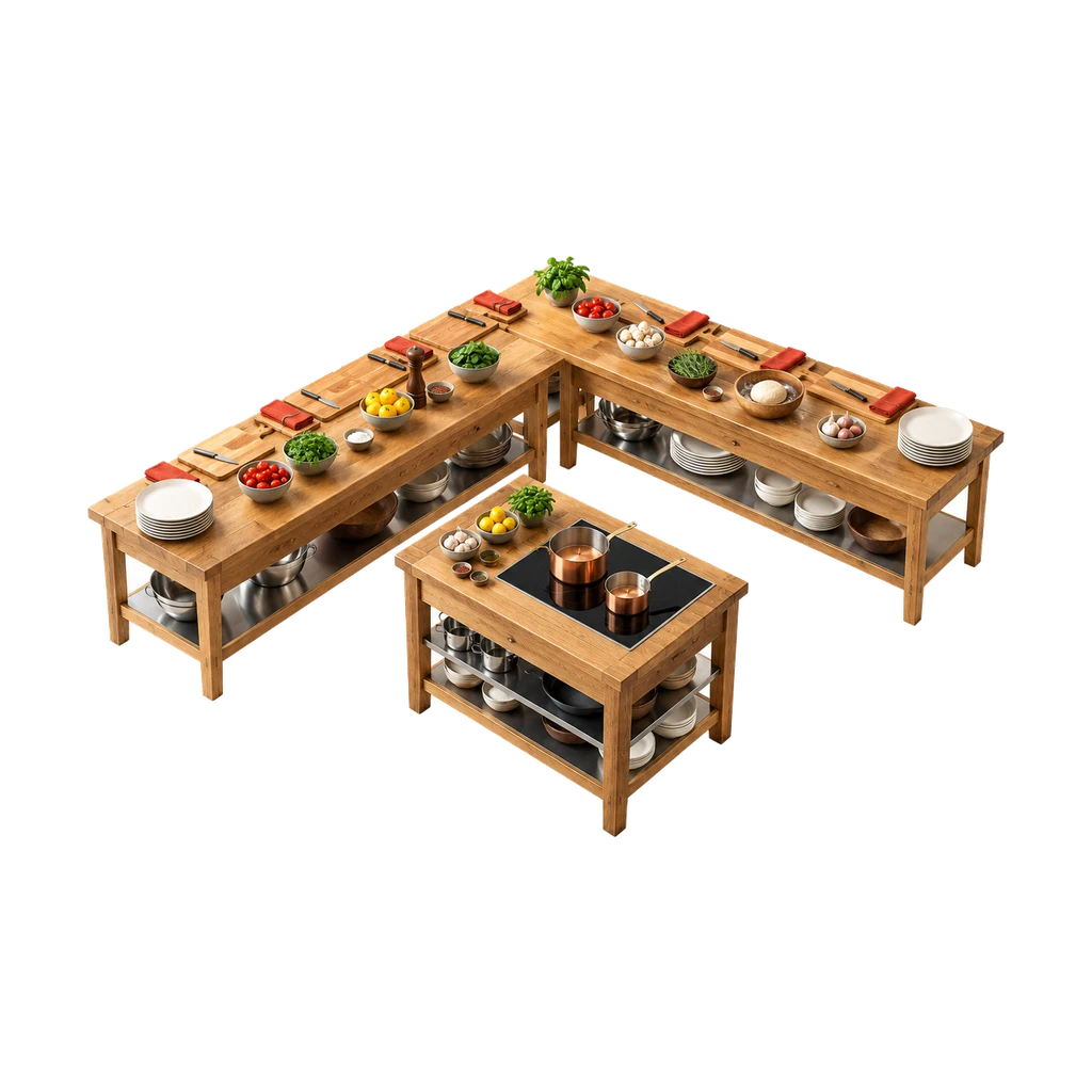 Maquette van twee eiken werktafels in een L rond een eiland met een inductieplaat en koperen pannetjes