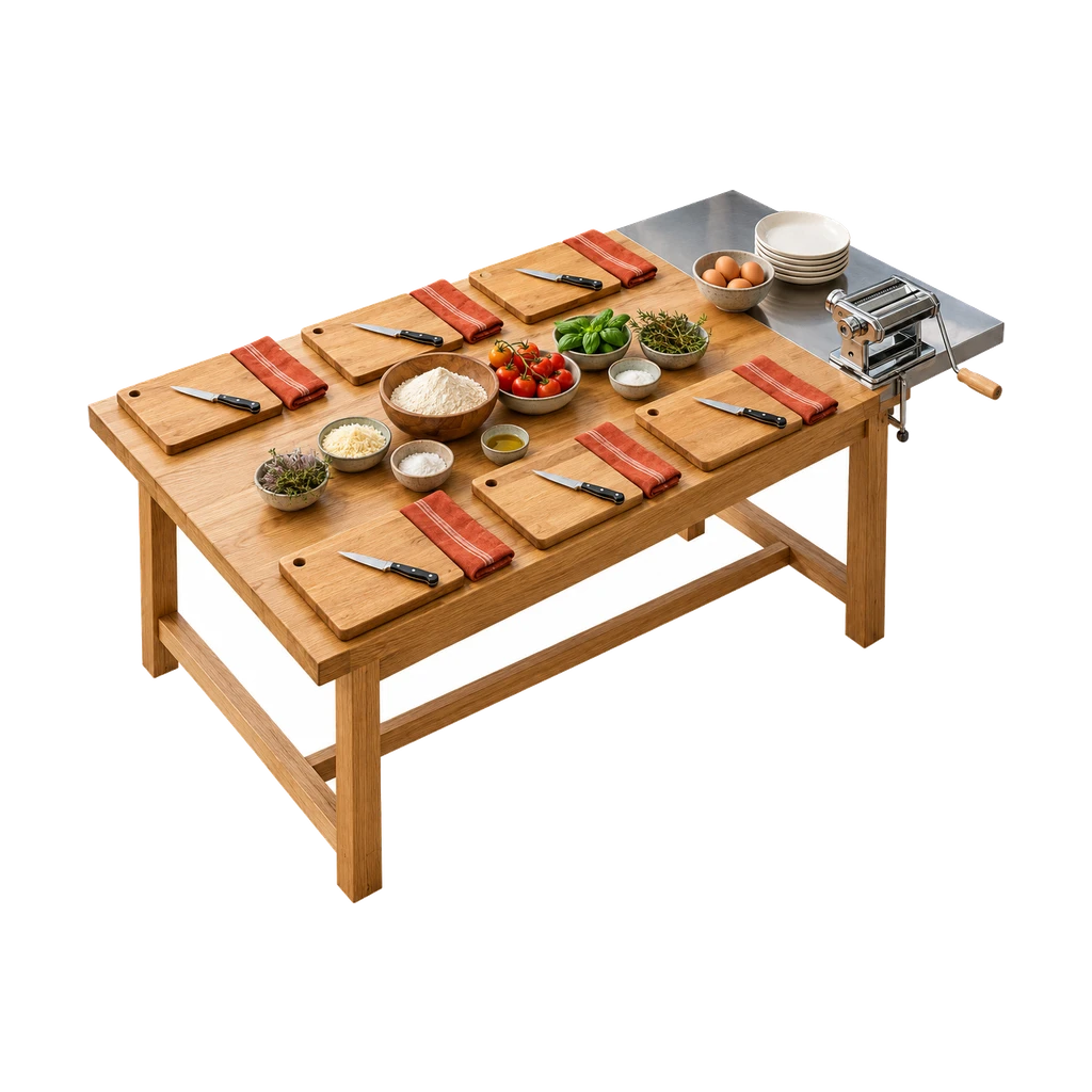 Maquette van een lange eiken werktafel voor zes, met snijplanken, kommen tomaten en kruiden en een stapel borden