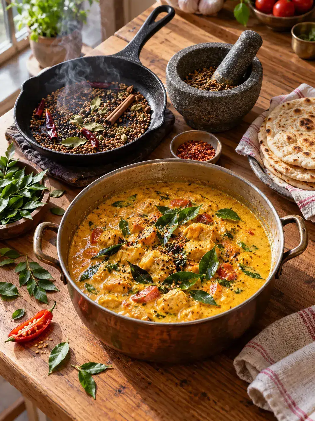 Werktafel tijdens de curryworkshop: geroosterde specerijen in een gietijzeren pan, een stenen vijzel en een pan gele curry met kokos en curryblad