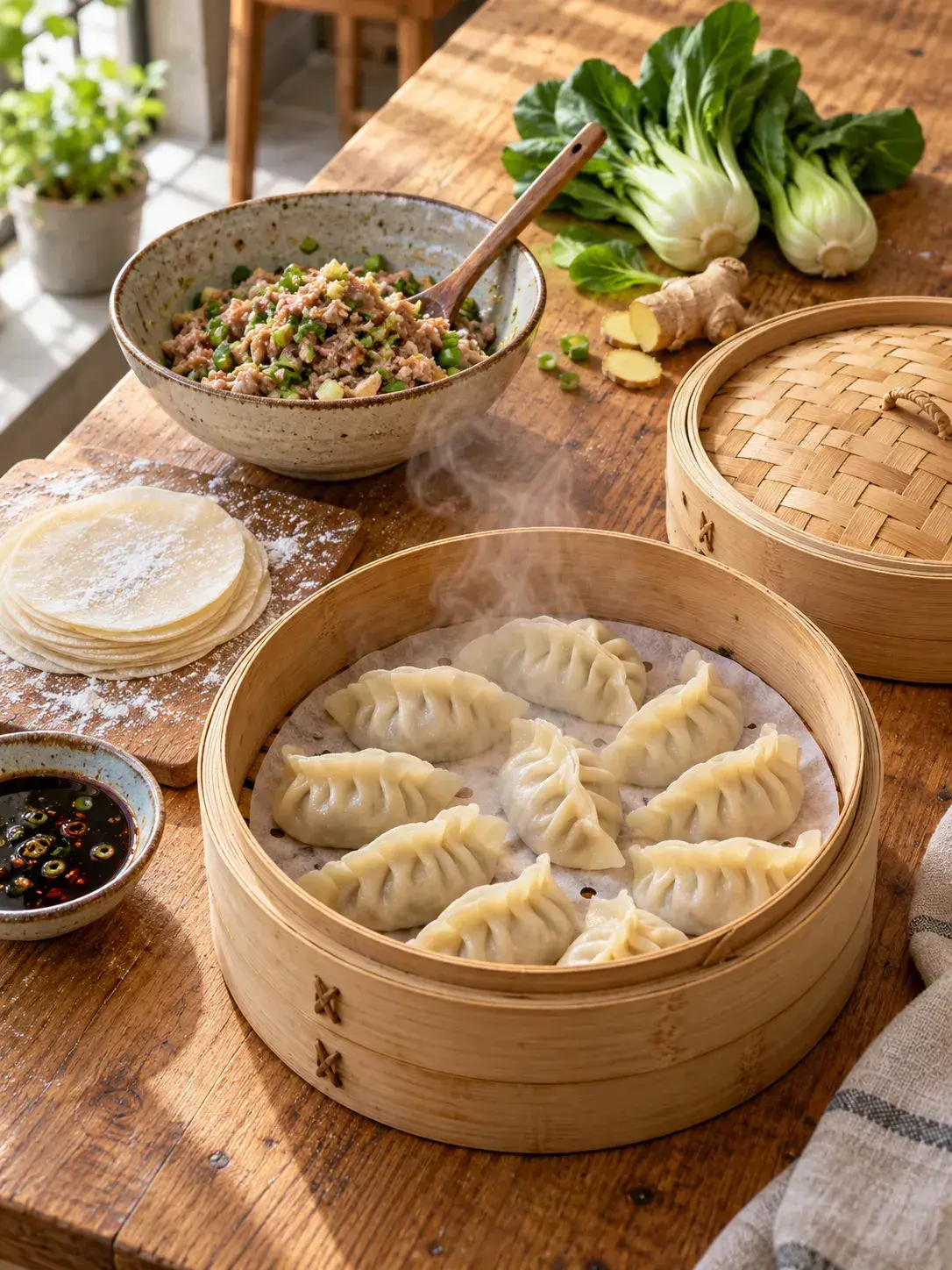 Werktafel tijdens de dumplingworkshop: een open bamboe stoommandje met geplooide dumplings, ronde deegvellen, paksoi en een schaaltje dipsaus